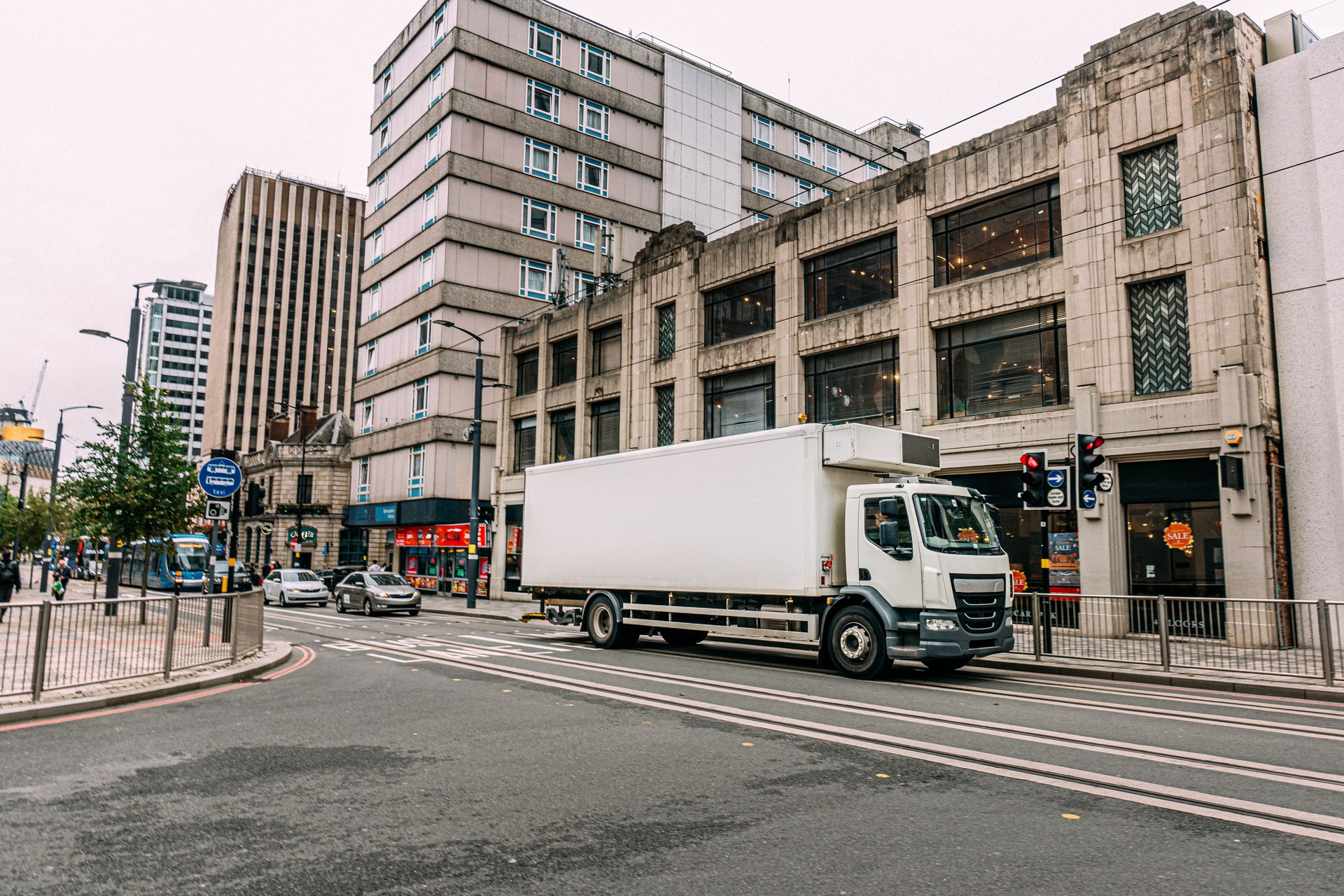 Cabover-Style Semi Truck driving in Birmingham, UK