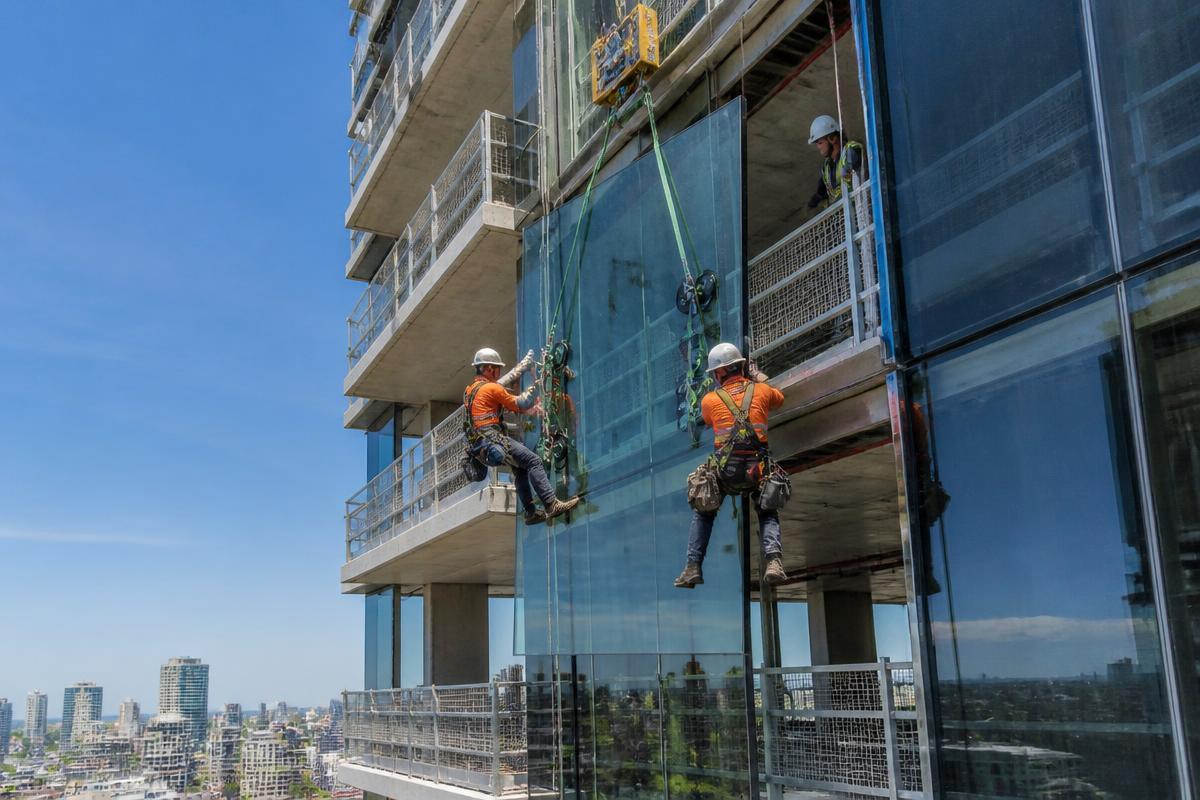 Glaziers installing large glass panels on a high-rise apartment block