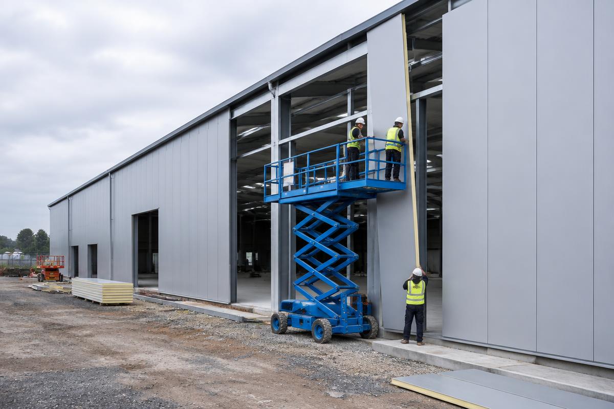 Insulated metal wall panels being installed on a commercial building