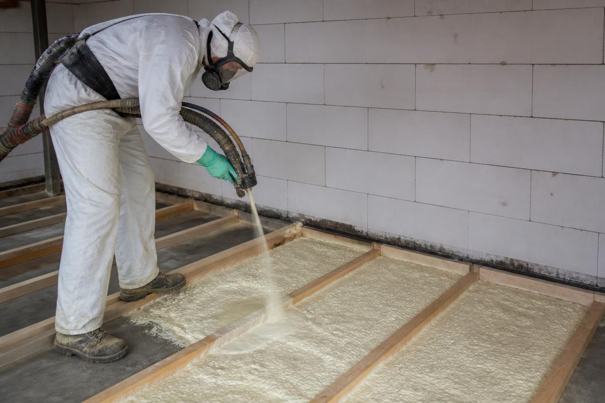 Installer applying two-part polyurethane resin foam floor insulation between joists